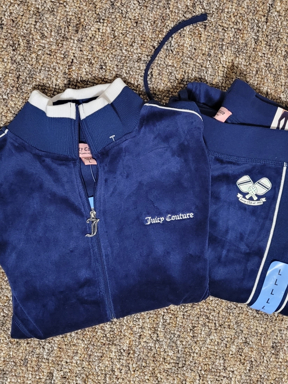 Juicy Couture Navy Velour Zip-Front Track Jacket & Pants Size L NWT